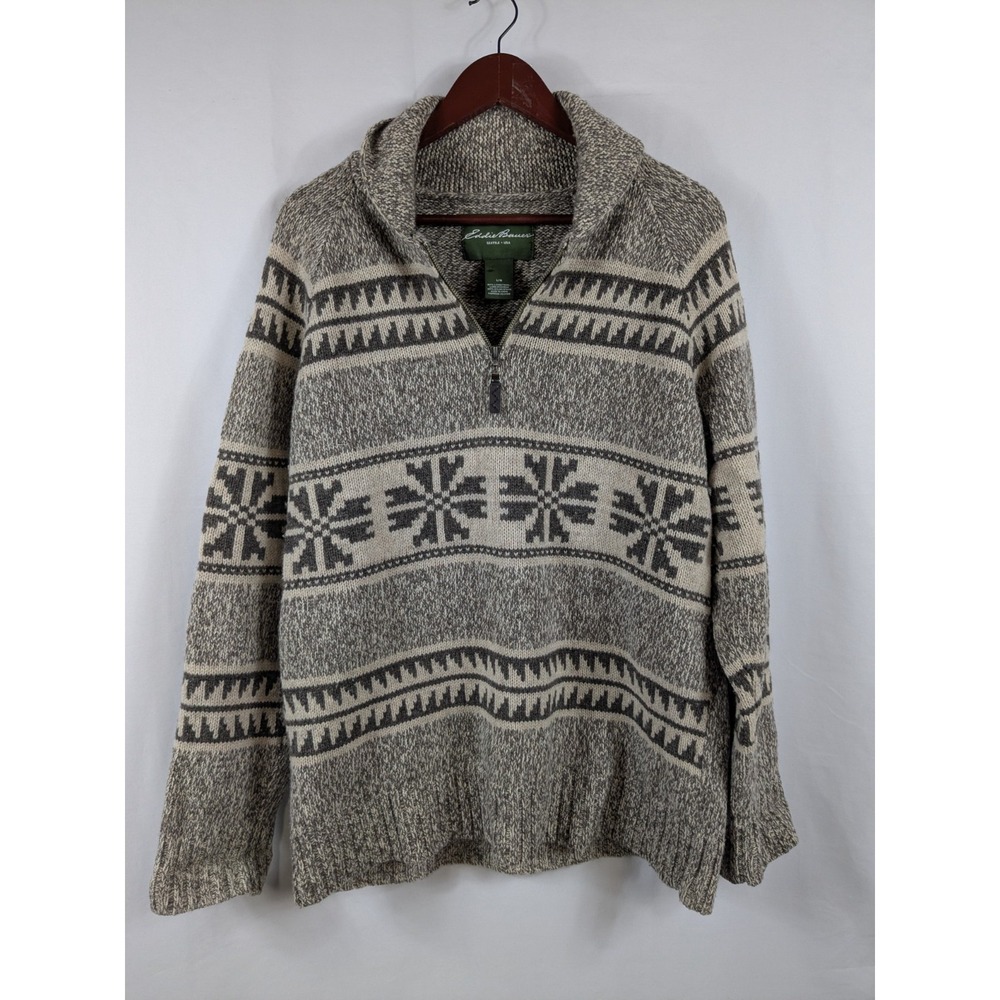 Vintage Eddie Bauer Fair Isle Lambs Wool Mens L Sweater Gray Nordic Knit 2828